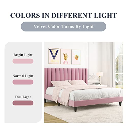Image of Allewie Full Platform Bed Frame /Velvet Upholstered Bed Frame with Vertical Channel Tufted Headboard /Strong Wooden Slats /Mattress Foundation /Box Spring Optional /Easy Assembly /Pink