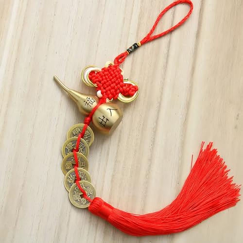 JANKINGS Brass Gourd and Five Emperor Coins Ornament with Feng Shui Chinese Knot and Tassels - Good Luck Hanging Ornament Gift.