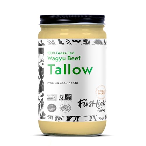 First Light Farms Wagyu Beef Tallow for Cooking | 100% Grass-Fed & Finished, 14oz Glass Jar | Certified Humane | Gluten-Free & Dairy-Free, Perfect for Keto, Whole30, and Carnivore Diet
