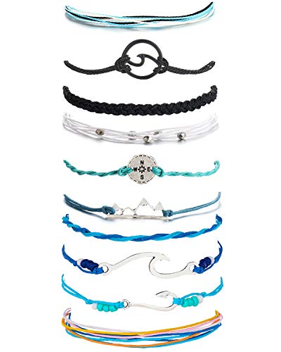 Noharu Vibe Vsco Bracelets Surfer Wave Bracelet for Women Mountain Sunflower Bracelet for Girls Adjustable Friendship Bracelet Waterproof Braided Rope Summer Beach Jewelry (Wave&Mountain&Fishhook)