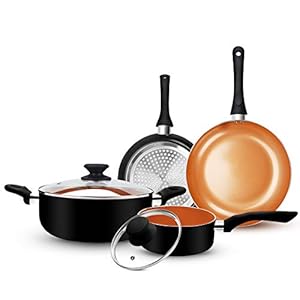 FRUITEAM 6pcs Cookware Set Ceramic Nonstick Soup Pot/Sauce Pan/Frying Pans Set, Copper Aluminum Pan with Lid, Induction Gas Compatible, Black