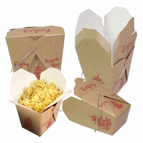 EcoQuality 16 oz Brown Asian Style Take Out Food Boxes with Wire Handle – Classic Asian-Style Paper Containers for Chinese Takeout, Leftovers, Meal Prep, and Party Favors (200)