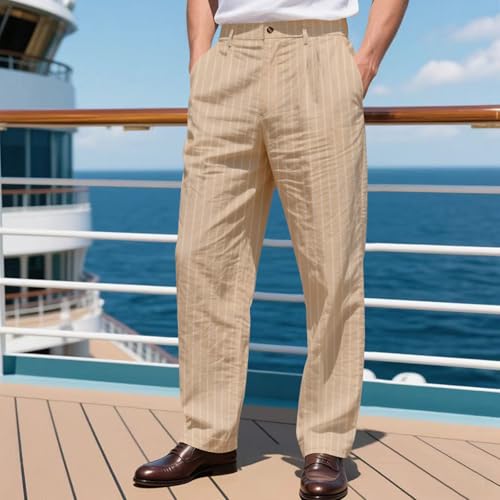 Dress Pants for Men Striped Linen Casual Pant Business Office Wide Leg Trouser Button Waist Trousers with Pockets2