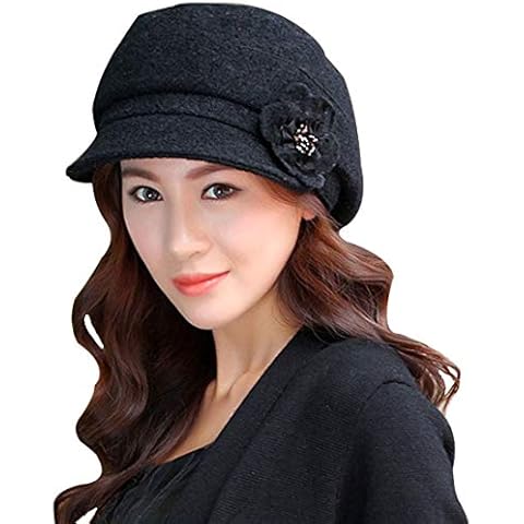 Lerben Fashion Women Ladies Vintage Elegant Knitted Winter Warm Cloche Flower Brim Cap Bowler Hat Slouchy Cap Black Cover