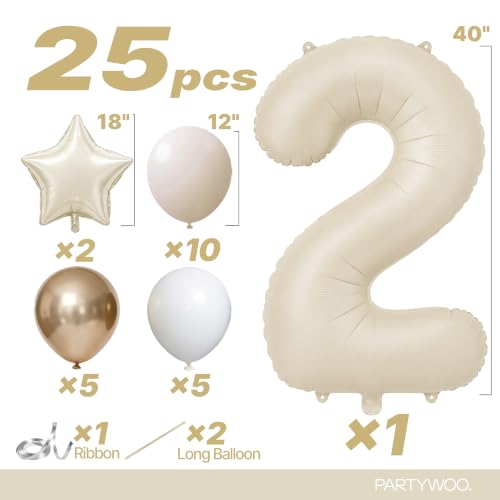 Image of PartyWoo Beige Number 2 Balloon 40 Inch 25pcs White Sand Foil Star Gold