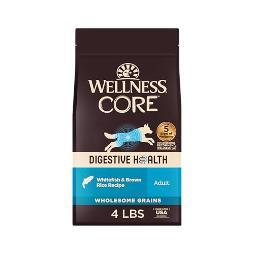 Wellness CORE Digestive Health Adult Dry Dog Food, Wholesome Grain Kibble, Sensitive Stomach, Natural, High Protein, Chicken Free, Whitefish and Brown Rice Recipe, 4 lb Bag - image 1