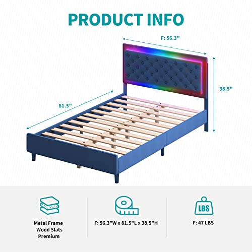 Balus Full Size Bed Frame With Rgb Led Headboard/Velvet Upholstered Platform Bed Frame With Music Sync Color Changing Led Light Strips&Works With Alexa Or App/Solid Wood Slat Support (Full, Blue) #TOP1