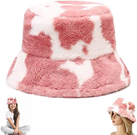 MezoJaoie Bucket Hats | Christmas Hat Fluffy Cow Print Bucket Hat, Winter Faux Fur Fluffy Fuzzy Warm Hat, Adjustable Packable Fisherman Hat For Women Teens Girls