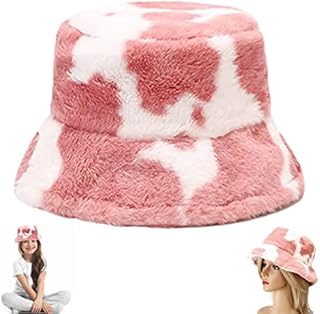MezoJaoie Bucket Hats | Christmas Hat Fluffy Cow Print Bucket Hat, Winter Faux Fur Fluffy Fuzzy Warm Hat, Adjustable Packable Fisherman Hat For Women Teens Girls