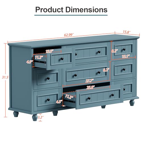 Image of Scurrty Blue 9 Drawer Dresser, Large Chest of Drawers for Closet Storage