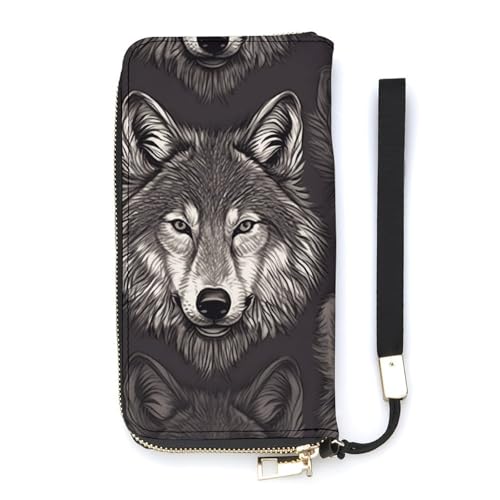 Portefeuille long loup blanc en cuir synthétique de 20x10.5 cm avec fentes pour cartes