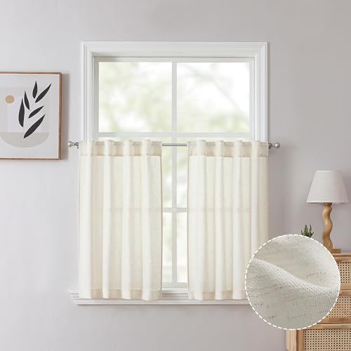 Tollpiz Natural Linen Cotton Tier Curtain Back Tab Short Bathroom Semi Sheer Half Curtains Pocket Neutral Boho Light Filtering Farmhouse Burlap Drape Kitchen, 30 x 36 inches Long, 2 Panels