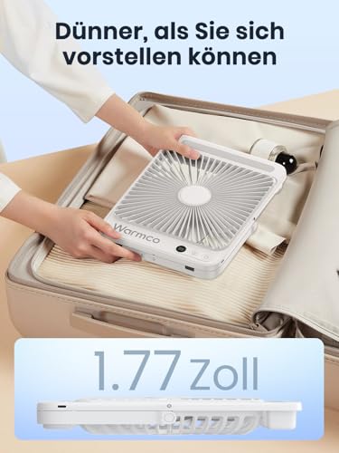 Warmco 20000mAh Akku Camping Ventilator 27cm mit Lampe, 15-48 Std. Laufzeit, Ultra-Leise, Ultraflach, Display, Haken, USB Tischventilator für Zelt, Outdoor, Reisen, Büro, Wohnmobil, Schlafzimmer 5