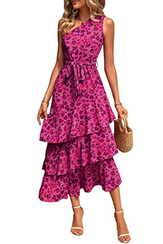 PRETTYGARDEN Women's Summer Floral Sundress Casual One Shoulder Tiered Ruffle Flowy Midi Beach Boho Dresses (Floral Rose Red,Small) - image 1