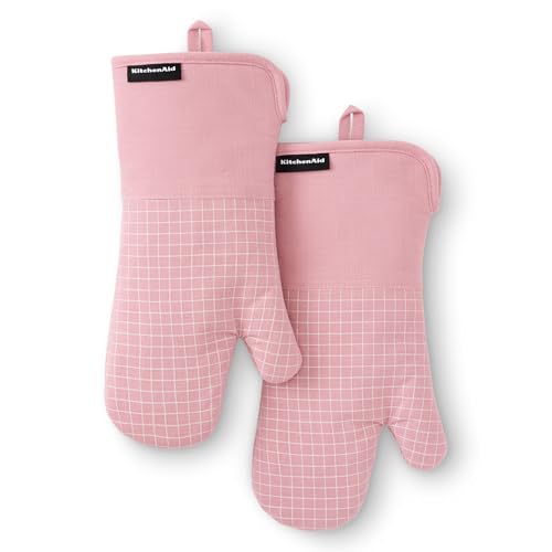 KITCHENAID Gourmet Series Gridlines Oven Mitts 2-Pack Set, Heat Resistant up to 600°F, Soft Silicone Grip, Magnetic Cuff, Dried Rose, 7