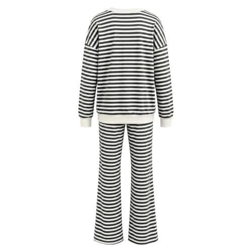 Striped Sweat Suit Women Long Sleeve V Neck Sweatshirt And Pants Tracksuit | Women's Matching Sweatsuit Sets Wide Leg Sweatpants And Lightweight Vneck Pullover Tops Oversized Lounge Sets 2 Piece Outfits - image 3