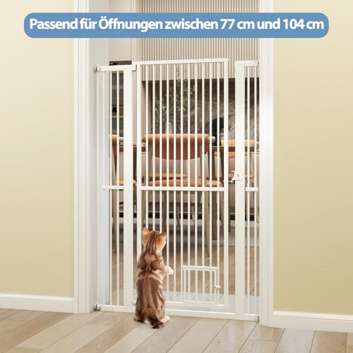 COSTWAY Türschutzgitter Hunde, Absperrgitter ganz hoch, 77-104 cm x 150 cm, Schutzgitter mit Kleiner Tür, 2 Erweiterungen, Türgitter ohne Bohren, Hundegitter ausziehbar, Sicherheitsgitter Metall, Weiß