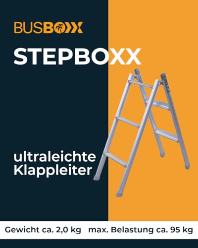 Camping Klappleiter stepBOXX – Zusammenklappbare Leiter für VW T5, T6, T6.1 – Aluminium, extrem leicht und stabil – für Schlafdach oder Dachbox