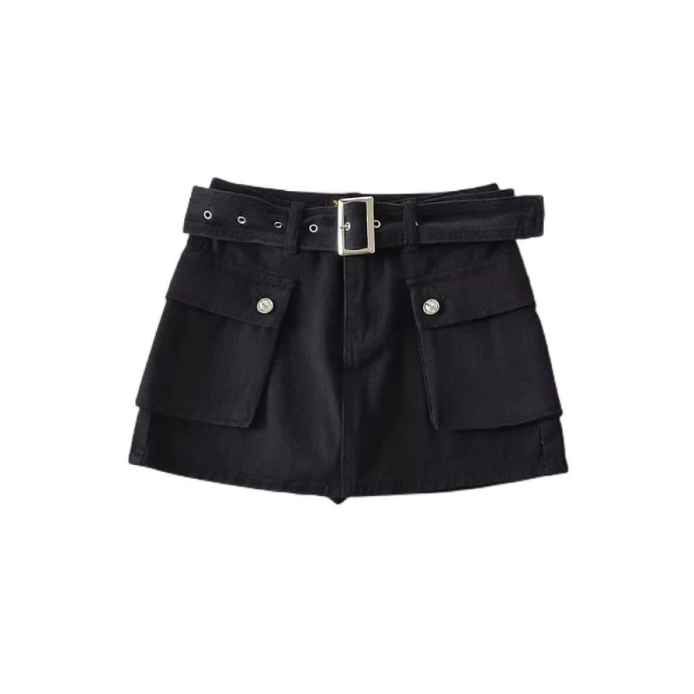 OZEO Röcke,Damen Denim Minirock Schwarz High Waist Harajuku Goth Punk Cargo Rock Mit Gürtel Taschen Slim A-Linie Streetwear Short Rock Für Mädchen Damen,Xs