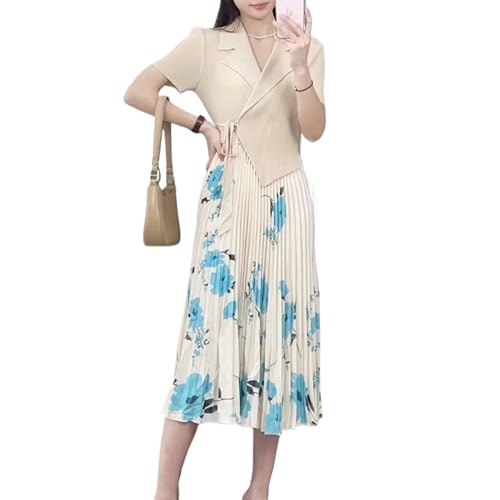 Robe midi plissée extensible imprimée avec manches courtes