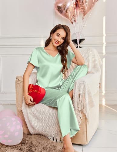 Image of Ekouaer Women's Satin Silky Pajama Set 2 Piece Short Sleeve Shirt with Long Pants Pjs Sets Soft PJ Loungewear S-XXL
