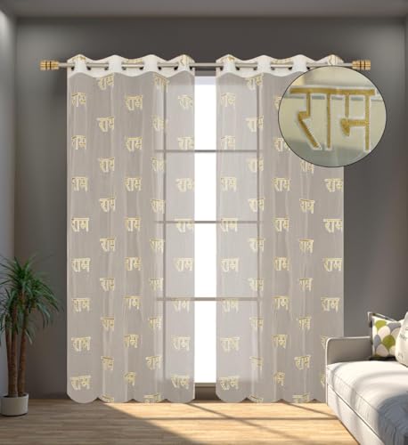 Image of KALIYO Sheer Net Curtains with Shri Ram Embroidery | Transparent Window Curtain for Living Room, Bedroom & Pooja Room | Ring Eyelet Curtain Panel | 1 Curtain | 5ft