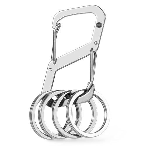 KeyUnity KS07 Stainless Steel Carabiner Clip Dual Sided S Hook Keychain Paired with 4 Key Rings