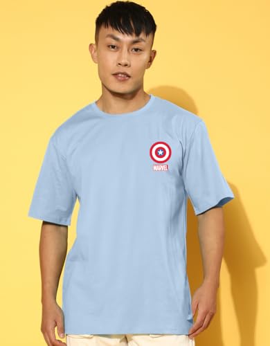 Image of Veirdo Pure Cotton Oversized Loose Fit Official Marvel Merchandise Cool & Marvelous Graphic Printed Drop Shoulder T-Shirt for Men (Characters: Black Panther, Mystrio & Captain America)