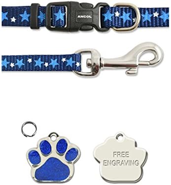 Ancol Blue Stars Small Bite Bone Puppy Small Dog Collar and Lead Set With Paw Print Shaped Glitter ID Tag