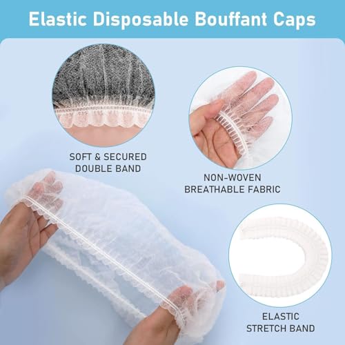 Image of KAUSTA Disposable Bouffant caps /Surgical Caps /Cooking Caps /Surgical Head Caps /Non Woven Head Caps, Pack Of 100pcs (18 inch) Medical Use Disposable Bouffant Caps Stretchable Hair Cover / Hair Net (White)