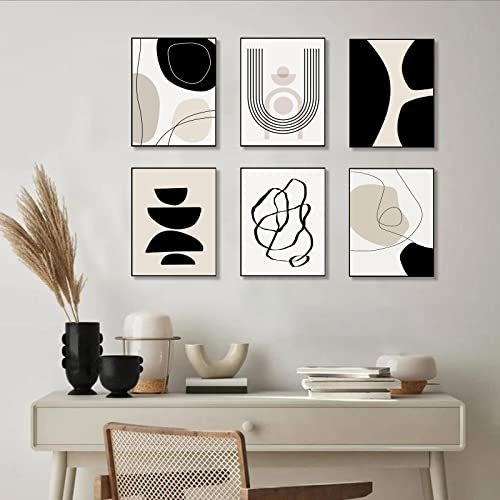 Abstract Boho Wall Art Prints Set Of 6, Minimalist Geometric Boho Wall Art Black Brown Beige Line Art Canvas Painting Pictures, Mid-Century Modern Prints Gallery Wall Posters For Bedroom Living Room Bathroom Boho Room Decor(8" X 10", Unframed) #TOP6