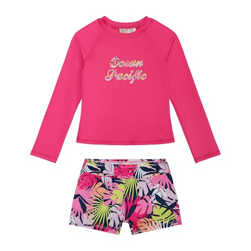 Ocean Pacific Girls' Two Piece Swim Shirt and Swim Shorts Bathing Suit Rashguard Set