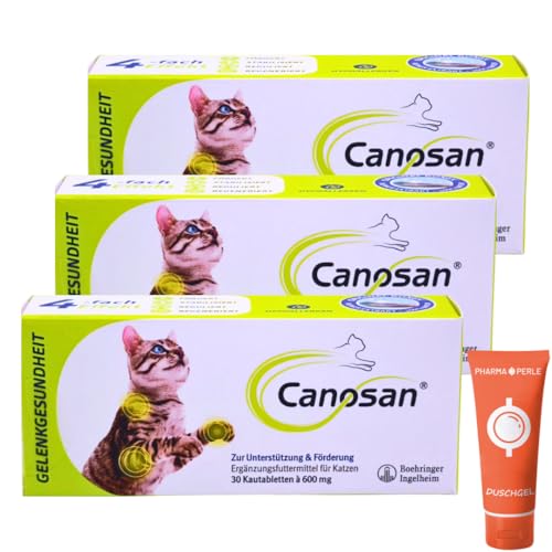 Canosan 3x 30 Kautabletten I Ergänzungsfuttermittel für Katzen I mit Gonex Grünlippmuschel-Extrakt I zur Unterstützung von Gelenken, Knorpeln, Sehnen und Bändern I Spar-Set plus Pharma Perle give-away