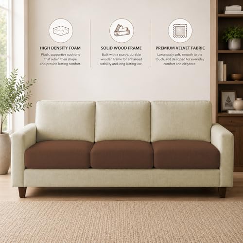 Image of Casaliving Gladino Modern Velvet Fabric Sofa, Tufted Design Upholstered 3 Seater Sofa Set for Living Room, Premium Velvet Fabric Sofa (Cream Brown)