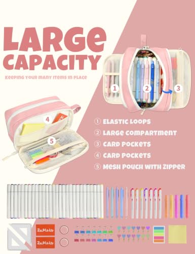 Image of SUNEE Large Pencil Case, Big Capacity Pen Pouch with 3 Compartments, Kawaii Cute Pencil Bag with Zipper, High Storage Stationery Holder and Organizer, School Supplies for Teen and Adult Girls, Pink
