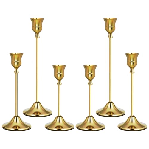 Uzvoxhe Gold Candlestick Holders Set of 6, Weighted, Metal Taper Candle Stick Holders, Vintage Christmas Brass Home Decor for Table, Mantel, Room Decorations Housewarming Gift Gold-6