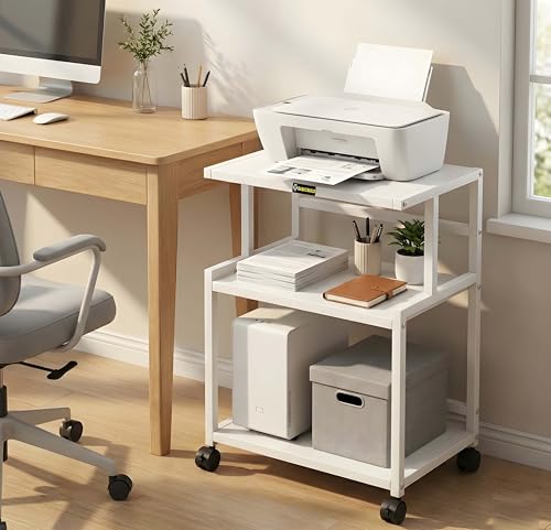 Image of Premium Metal Iron White Printer Stand with Wheels - Heavy-Duty & Stylish Storage for Printers, Files, and Essentials - Durable, Modern & Perfect for Homes & Offices (White)