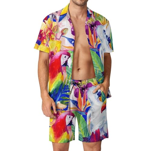 Chemise Hawaïenne Homme Ensemble Fleur de Perroquet Imprimé Exotique Fluide Short Pantalon S