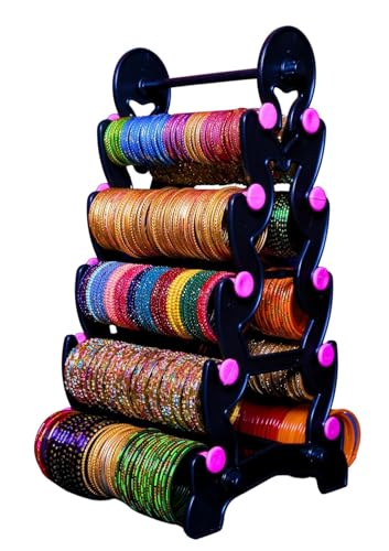 Image of Plastic Bangle Organizer Stand - Black with Pink | 24L x 20B x 43H cm | 5-Step 10-Section Display Rack | Bangle Storage Box for Women | Jewellery Display Stand & Chudi Holder