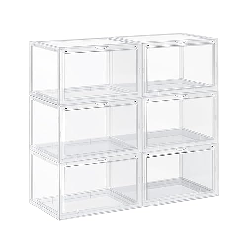 SONGMICS Shoe Boxes, Pack of 6 Stackable Shoe Organizers with Clear Door for Sneakers, Plastic Shoe Storage for US Size 12, 14.2 x 11 x 8.7 Inches, Transparent ULSP06CW