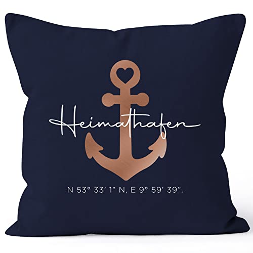 SpecialMe® Kissen-Bezug Personalisiert Anker Heimathafen Koordinaten Wunschtext Geschenk Liebe Familie Zuhause Einzug Einweihung Navy 40cm x 40cm