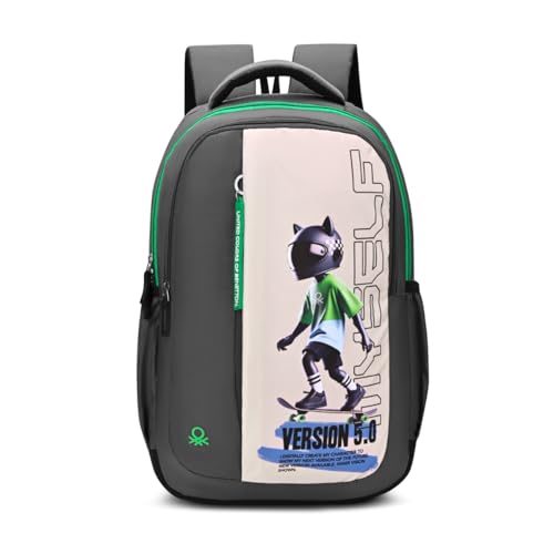Image of United Colors of Benetton Unisex High-School Backpack METAVERSE - GREY | 3-Compartment Large Capacity Bag with Airmesh Padding | Backpack for School Girls & Boys | 33L Capacity