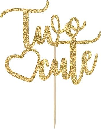 Image of Two Cute Cake Topper | 2nd Birthday Party Gold Glitter Cake-Decor | Second Birthday Photo Props | Party Decoration Supplies | Smash Cake Decoration | Heart Shape Two Cute Cake-Topper