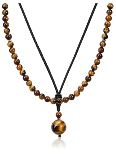 Jovivi 2PCS Bijoux Collier Oeil de Tigre Pierre Naturelle, Pendentif de 16mm Boule et Chaîne de 6mm Perles Pierre Précieuses Porte Bonheur Cadeau Collier Homme Femme
