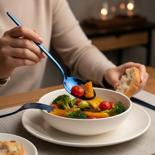 Image of Slim Handle Blue 24 Pcs Stainless Steel Cutlery Set for Dining Table, Dishwasher Safe Glossy Flatware (6 Spoon Set+6 Forks Set+6 Butter Knife+6 Dessert Spoon)