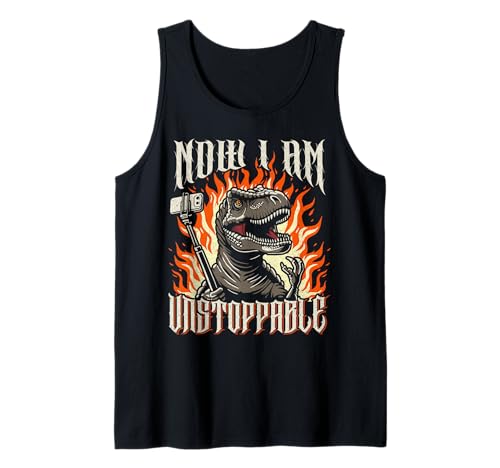 Ahora soy imparable, un divertido T-Rex usa un palo para selfies Cool Metal Camiseta sin Mangas