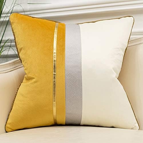 Avigers 18 x 18 Inches Yellow White Gold Leather Striped Patchwork Velvet Cushion Case Luxury Modern Throw Pillow Cover Decorative Pillow for Couch Living Room Bedroom Car