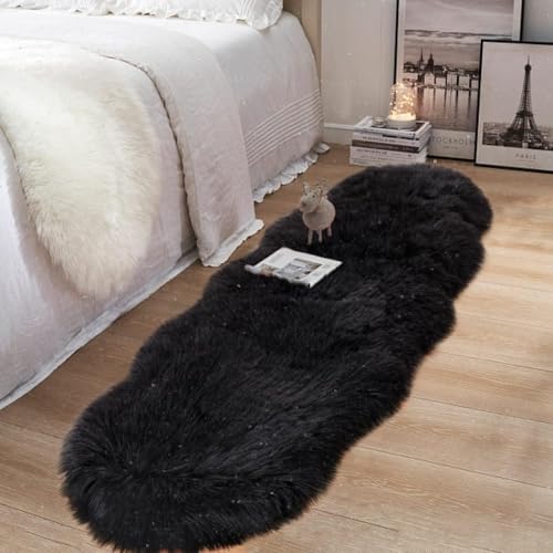 Image of Faux Fur Wave Rug for Bedroom, Fluffy Soft Sheepskin Rug, 2.5x5ft Plush Area Shaggy Rugs Floor Carpets for Nursery Bedside, Cute Fuzzy Home Decor (Black)