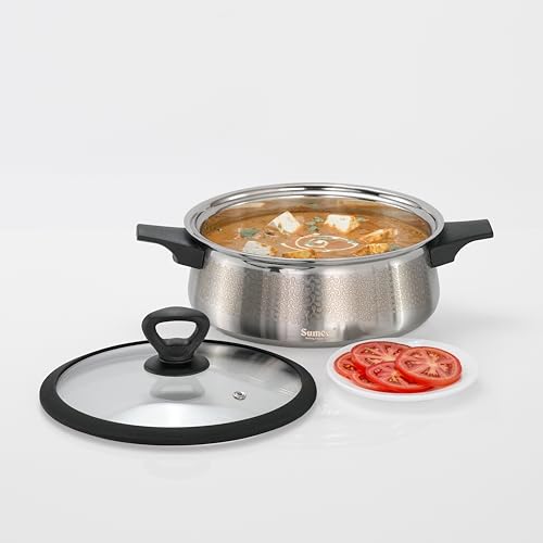 Image of Sumeet ISI Certified Stainless Steel Cook & Serve Designer Shallow Biryani Pot /Casserole with Glass Lid |Induction and Gas Compatible | Capacity - 2800ml -Dia - 23cm, Silver