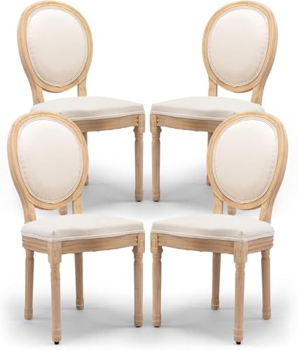 YICORPS French Country Dining Chairs Set of 4, Upholstered Dining Room Chairs with Round Back, Solid Wood Legs, Oval Side Chairs for Kitchen,Bedroom,Dining Room,Restaurant(Beige-Fabric)